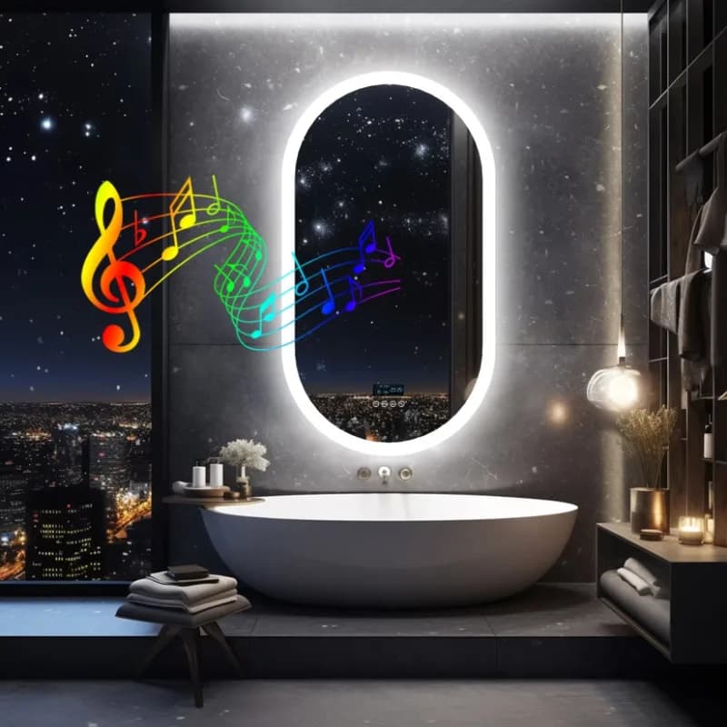 Consegna Diodo luminescente ovale Specchio da bagno Bluetooth Specchio per trucco Smart Touch Dimmerabile Antiappannamento