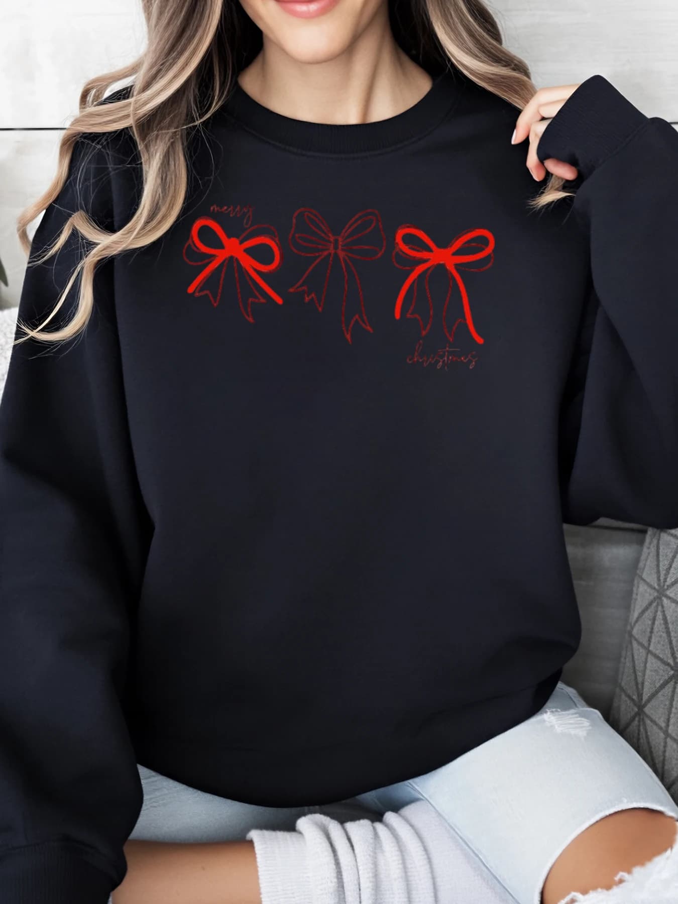 Felpa con stampa di buon Natale con fiocco rosso, abbigliamento casual da donna per le vacanze, nero taglie forti
