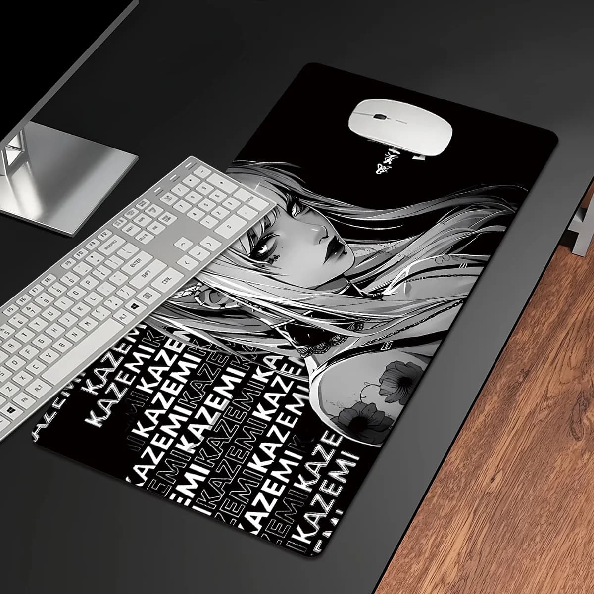 Tappetino per mouse da gioco oversize con motivo estetico femminile in bianco e nero, superficie lavabile, fondo in gomma antiscivolo per giocatori di PC
