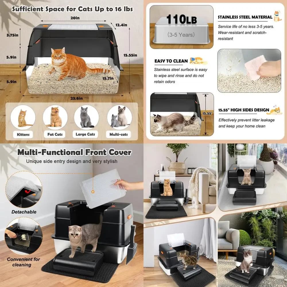 Lettiera XL Extra Large con Coperchio e Ingresso Laterale per Gatti Grandi, Cassetta Chiusa in Metallo, Rimovibile, con Paletta, Tappetino e Pedana - Nera