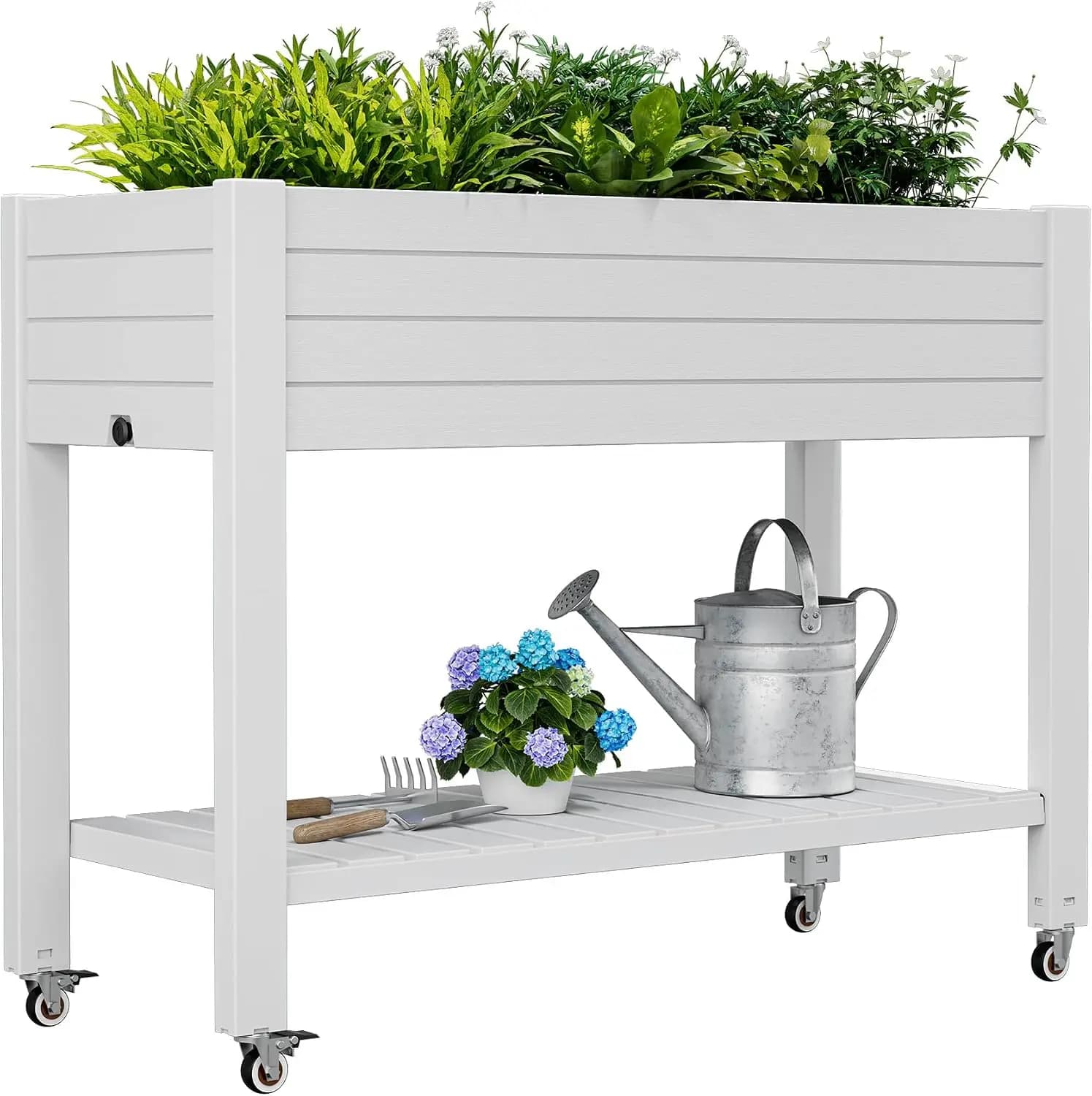 33.7 Inch Tall Mobile Raised Garden Bed with Lockable Wheels, Divisible Resin Planter Box with Drainage Gauge and Storage Shelf, Herb and Vegetable Container for Patio and Backyard, Ashen