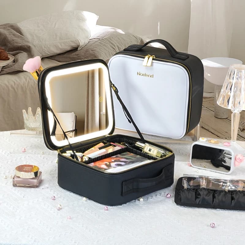 Specchio per custodia da treno a 3 colori, custodia per trucco portatile bianca, organizer impermeabile con divisori regolabili, custodia per cosmetici regalo