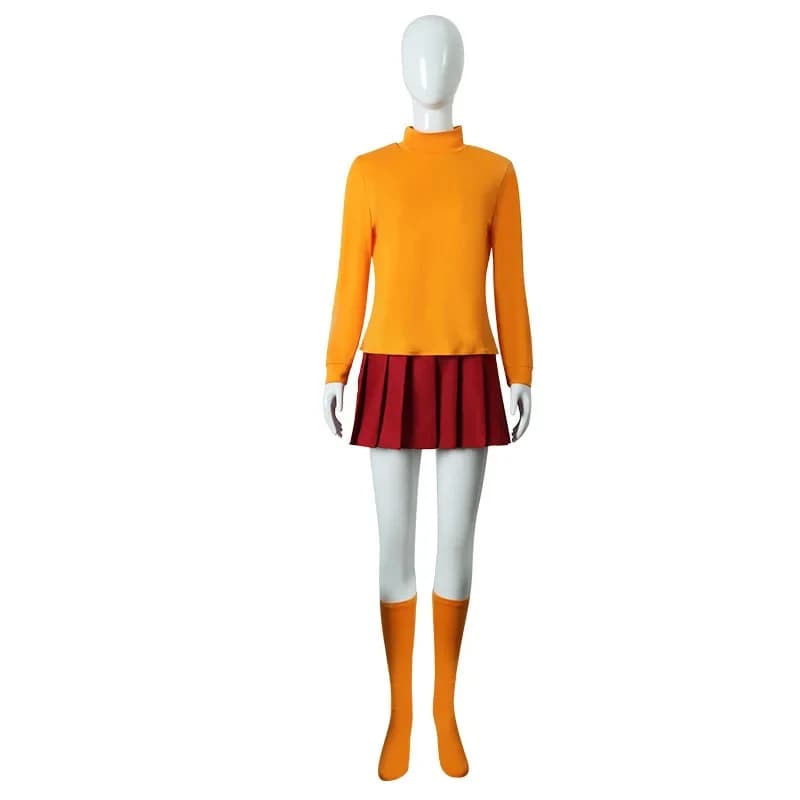 Costume Cosplay Uniforme di Velma da Anime, Gonna Corta Arancione, Calze Arancioni, Top e Gonna per Donna, Halloween