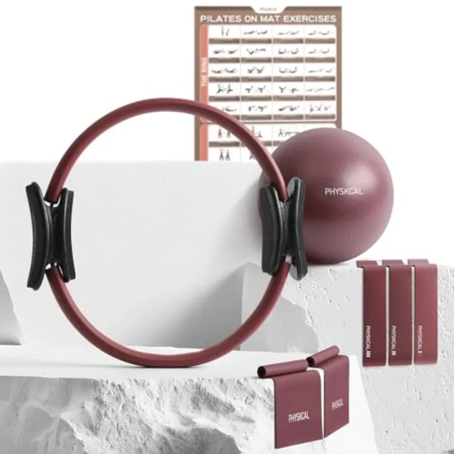 Kit Pilates, Anello Pilates da 15 Pollici con 1 Palla Core, 3 Elastici di Resistenza e 2 Fasce Flessibili, Set Attrezzi Pilates per Casa e Tappetino