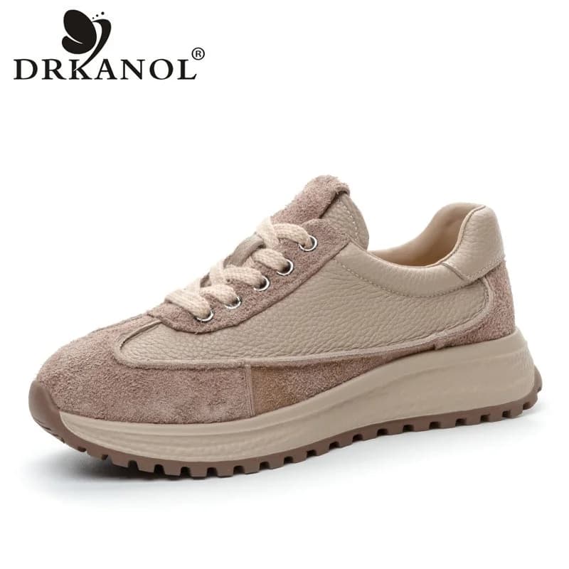 DRKANOL Primavera Autunno Donna Casual Sneakers Colori misti Vera pelle Fondo spesso Lace-Up Scarpe basse da donna leggere H9831