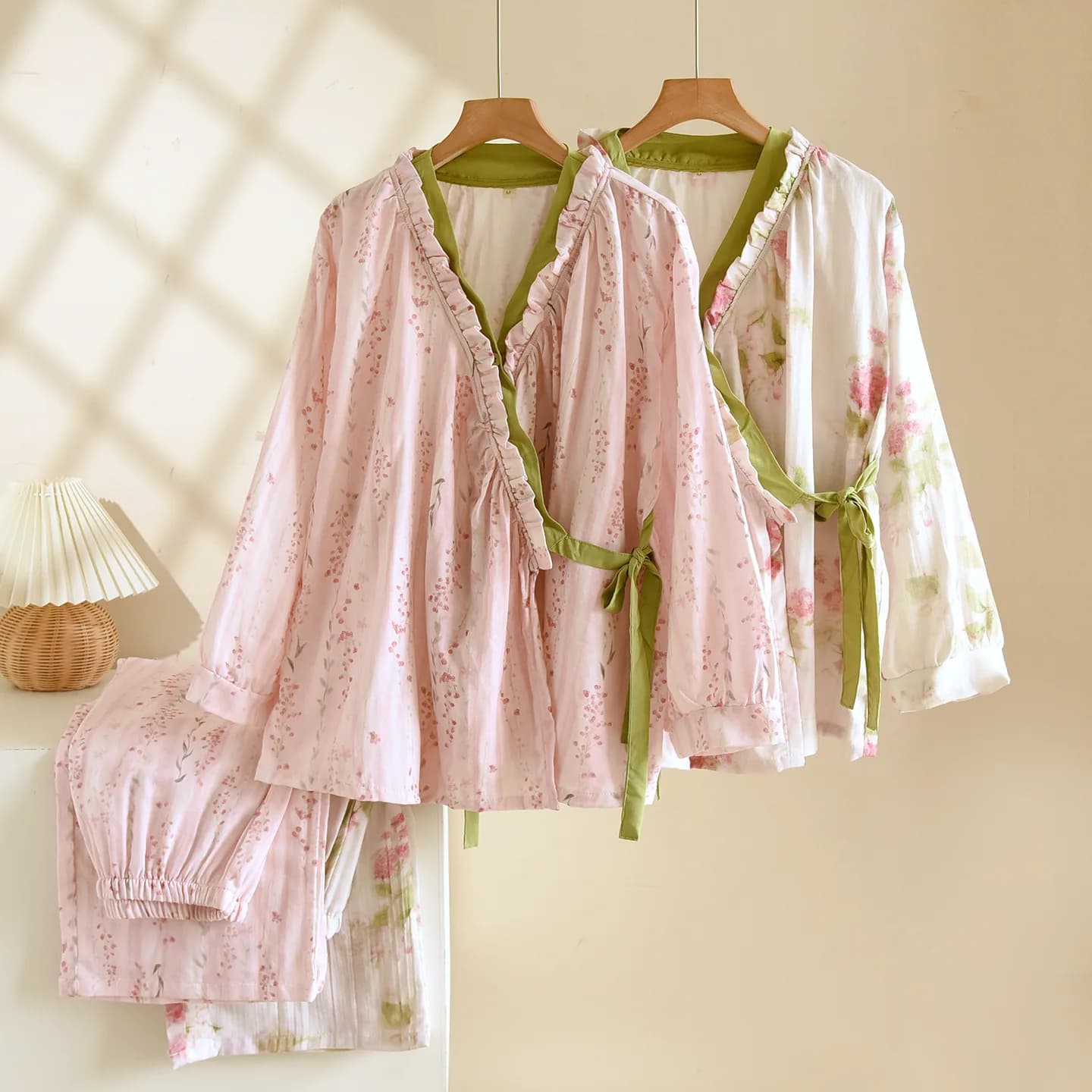 Pigiama in Cotone Stile Kimono Giapponese per Donne, Set Rosa con Cintura, Leggero, Maniche Lunghe, per Primavera e Autunno
