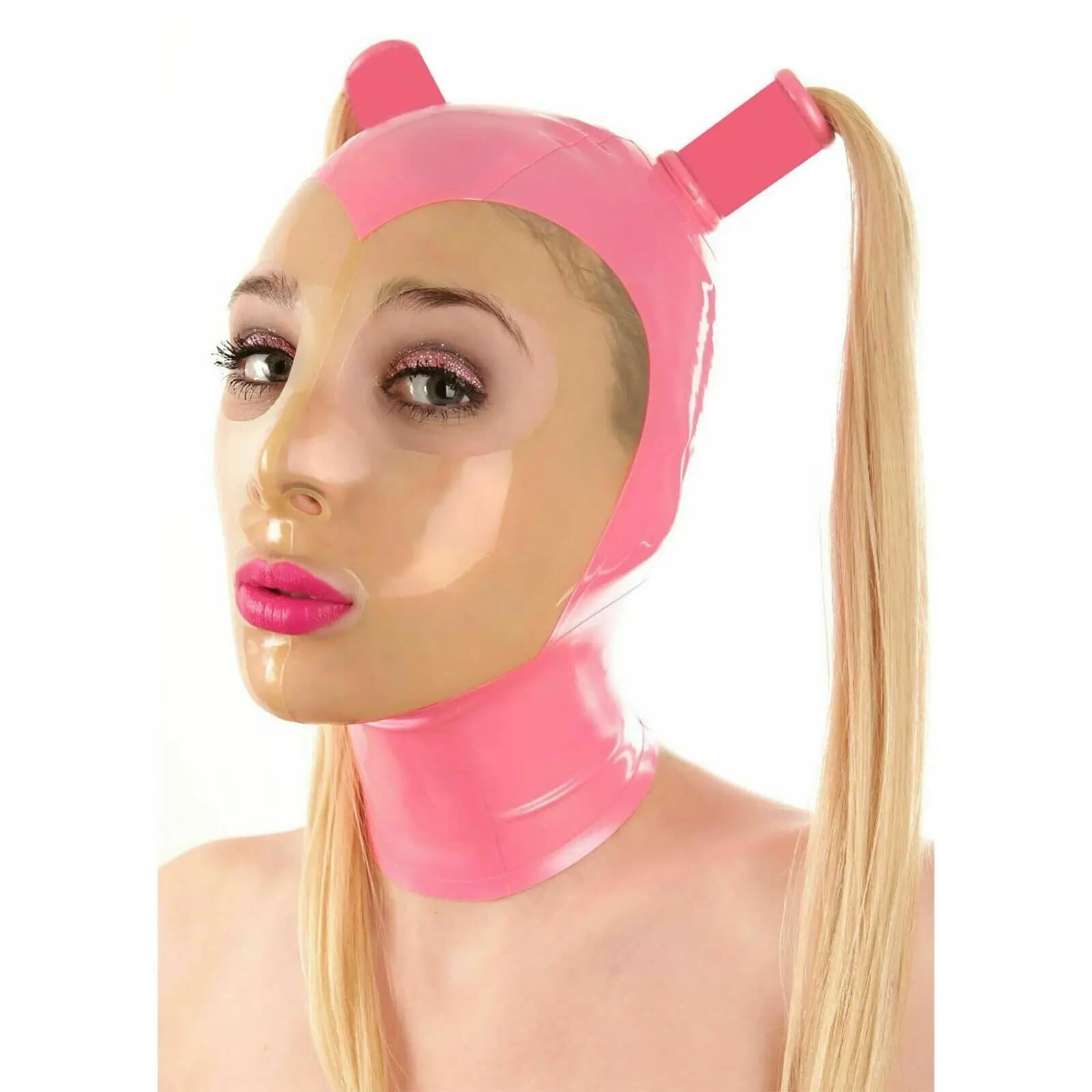 Maschera in gomma con copertura in lattice, viso trasparente con doppia parrucca, cosplay fetish