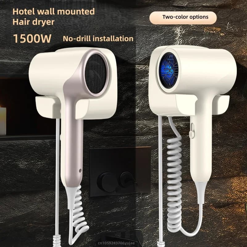 Asciugacapelli non perforato montato a parete per hotel/casa popolare Asciugacapelli con interruttore a pressione agli ioni negativi a luce blu ad alta potenza da 1500 W