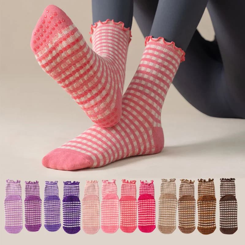 Calzini da Pilates per Donna in Cotone con Bordo Ondulato e Puntini in Silicone Antiscivolo, Calzini da Yoga