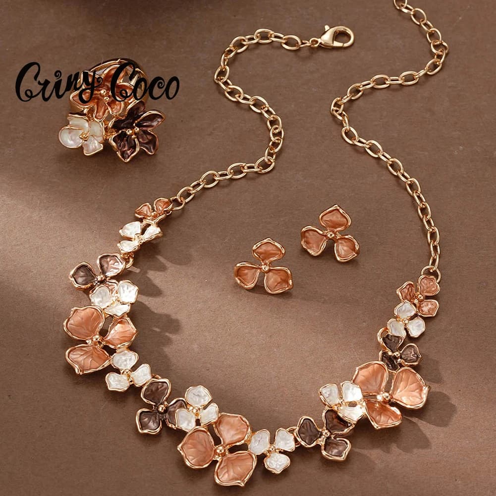 3 pcs Jewelry Vintage Brown Flower Necklaces Earring Golden Plated Ring Set Trendy Jewelry for Women Mom Christmas Gift 2025