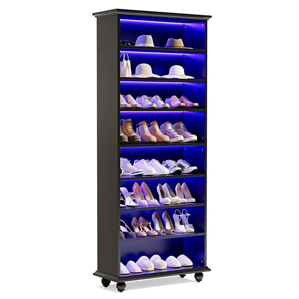 69Inch Tall Shoe Cabinet with LED Light Strip amp Adjustable Shelves, Black Wooden 8Tier Shoes Display Cabinet for 26 Pairs, Fr