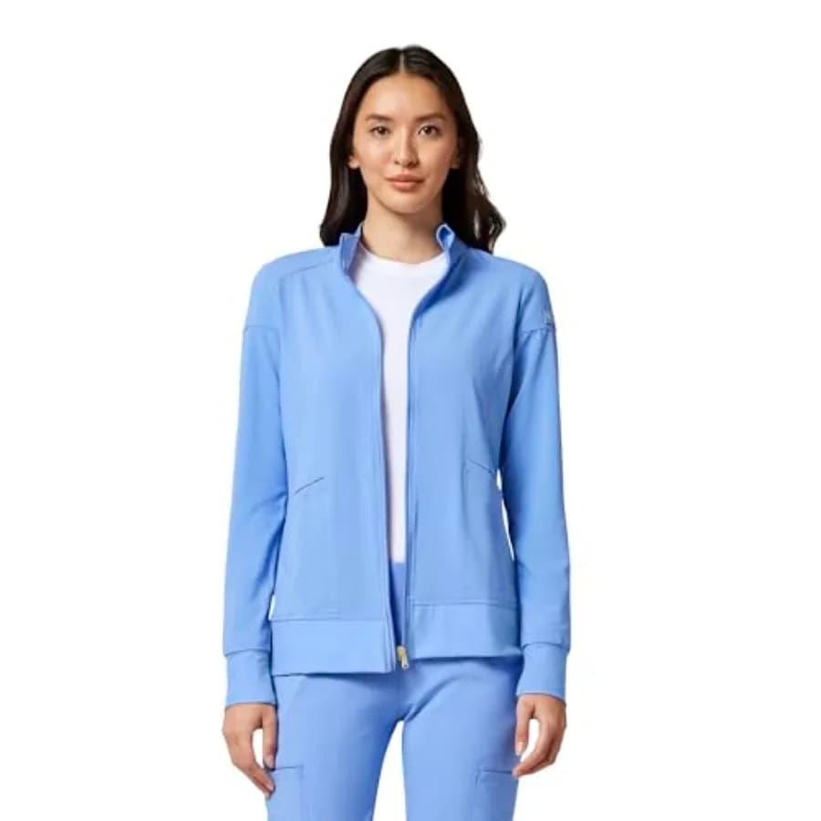Cherokee iFlex Scrub Jacket for Women 2 Pocket Zip Front 360° Stretch, Moisture-Wicking Fabric, Contemporary Fit, Knit Panels,