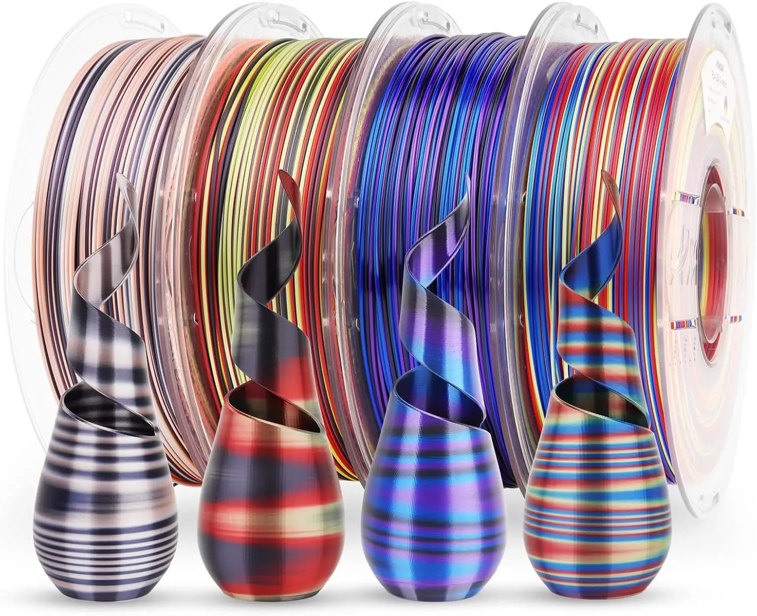 Filamento PLA Multicolore Effetto Seta, Confezione da 4, 1.75mm, Filamento per Stampante 3D Arcobaleno, Cambio Colore Rapido, 1kg x 4 Bobine