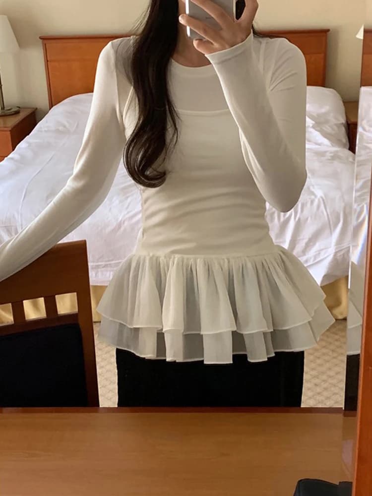 White Ruffle Trim Camisole Tank Top Women's Style Ballet Flounce Layering Slim Fit Base Skirt Curtain Slimming Top