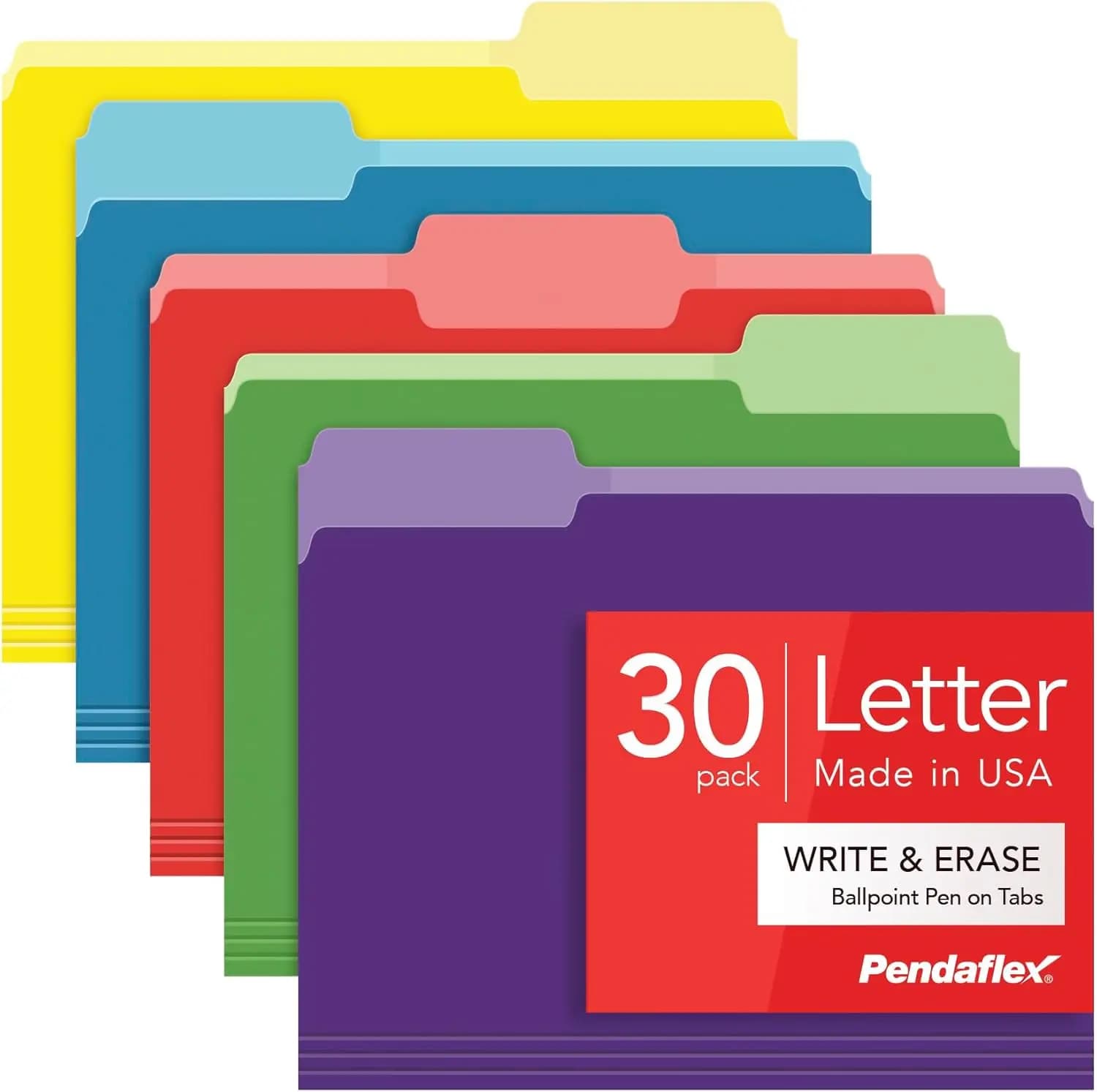 Colored File Folders 30 Pack Letter Size, Write & Erase Tabs, 3-Tab 5 Colors for Office Classroom Home Document Organization