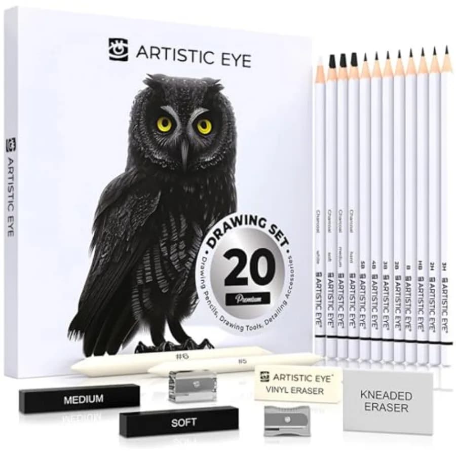 Premium Drawing and Sketching Pencil Art Set 20 Items:Complete Kit with Graphite Pencils, Charcoal Pencils, Sticks, Blending St