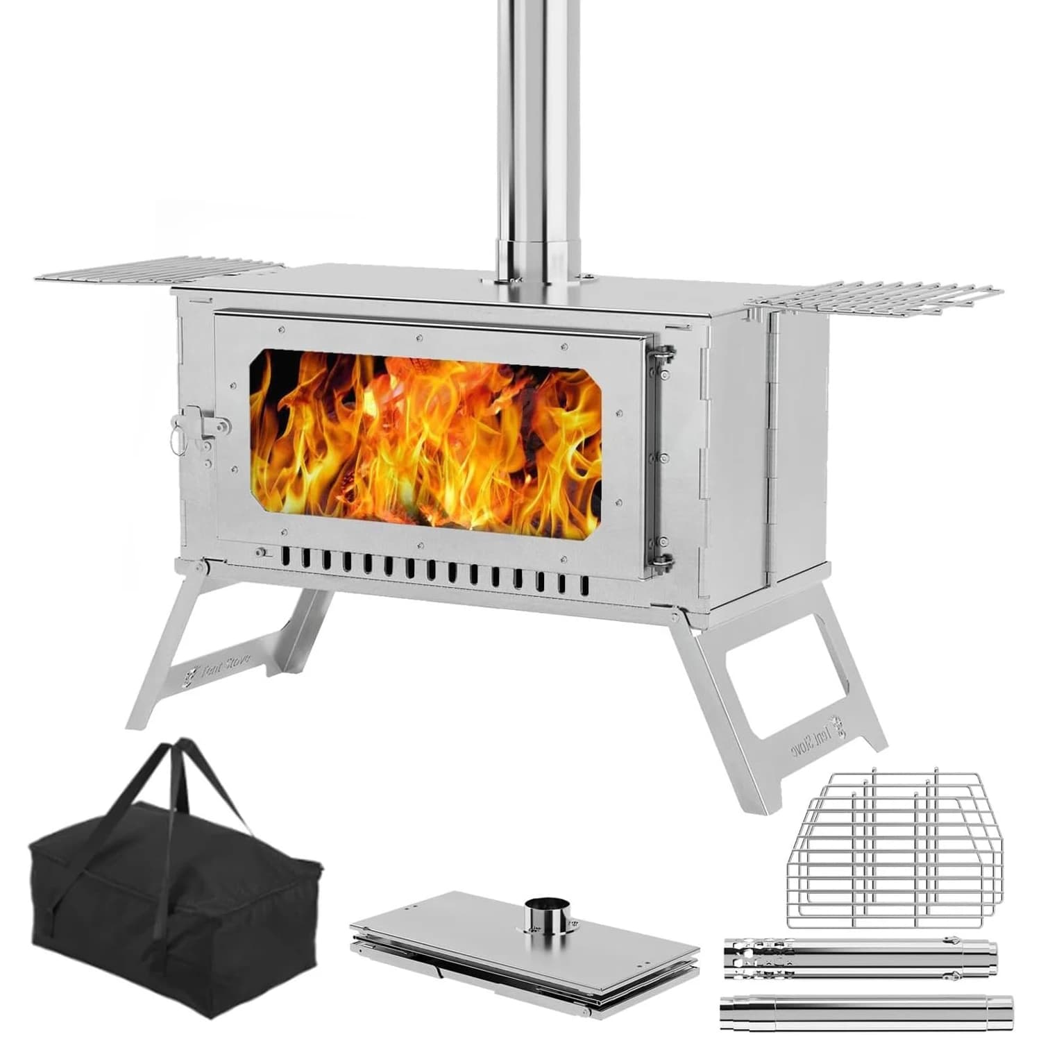 Stufa per tenda calda, stufa a legna, stufa a legna portatile in acciaio inossidabile con griglia da cucina, per cucina e riscaldamento in campeggio all'aperto