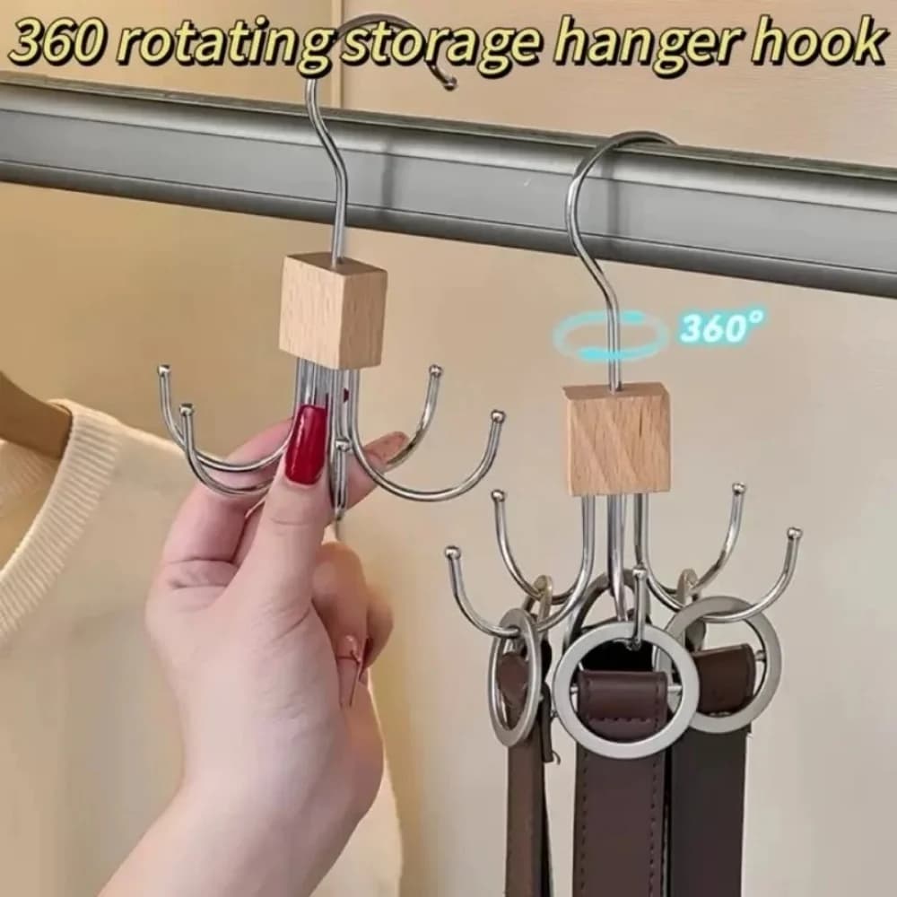 Wooden Organizer with Multipli Hooks for Belts and Bags, 360° Rotating Hook Sliding Spare for Bras, Ties, Scarves - Accessories for Home Cabinet