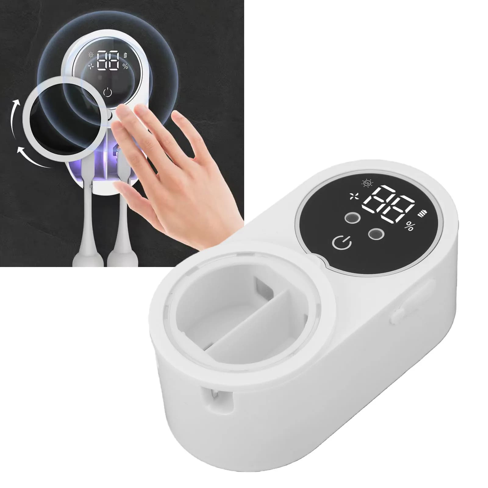 Pulitore e Porta Spazzolini da Denti da Parete, Asciugatore Automatico con Sensore a Infrarossi e Ampio Schermo, Bianco