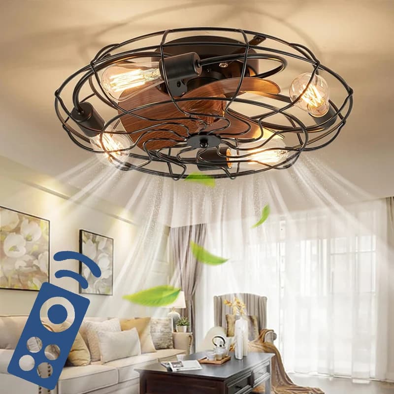 Ventilatore da soffitto retrò da 50 cm Ventilatori da soffitto a gabbia nera con luce Telecomando Casa Camera da letto americana Sala da pranzo Ventilatore Lampadario