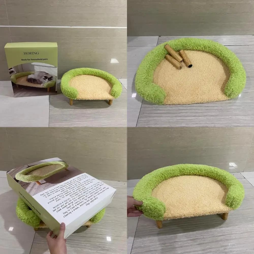 Green plush pet sofa with removable washable coating, wooden legs, cozy raised cot for small and medium size cats