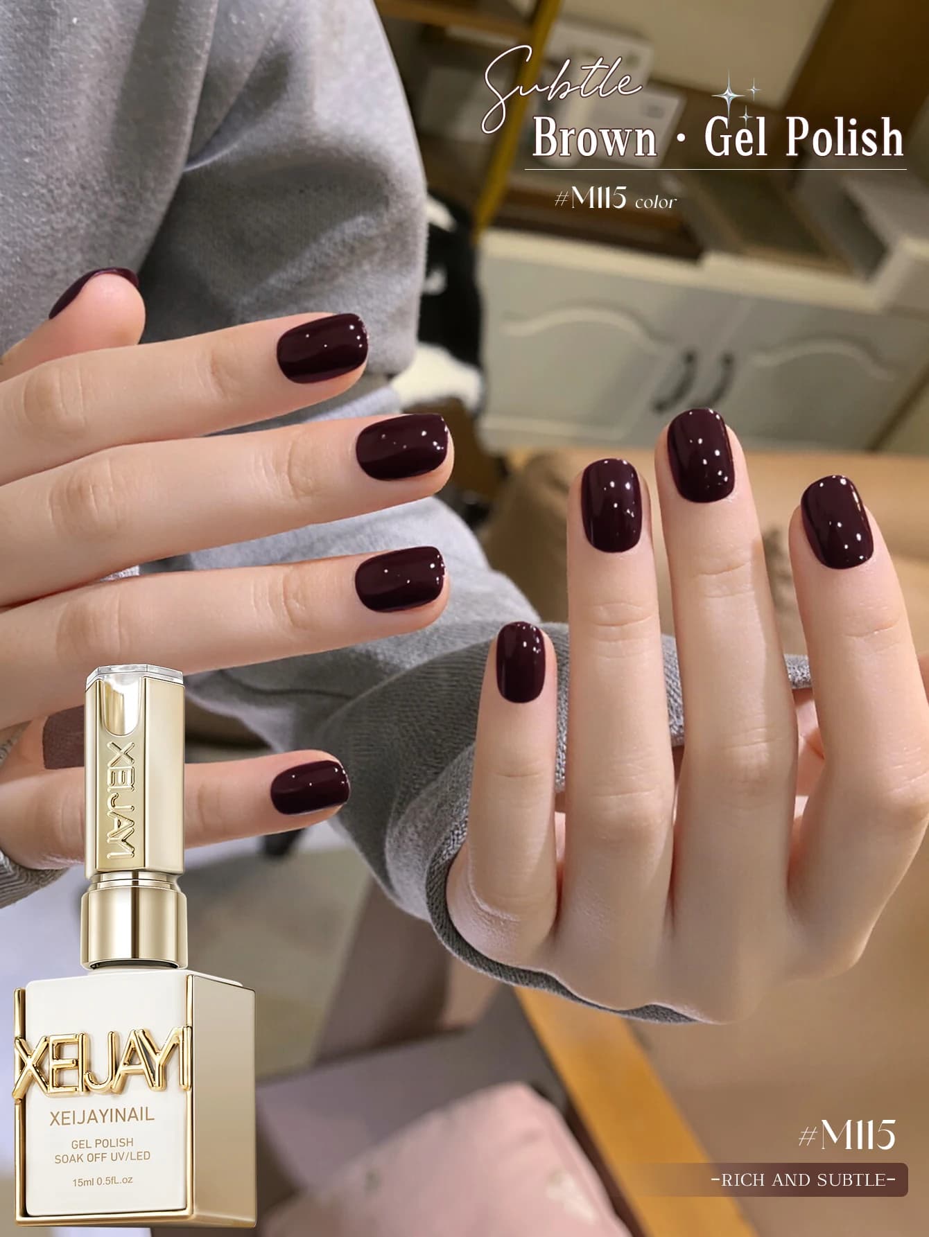 XEIJAYI 1Pc 15ml Solid Color Brown Gel Nail Polish, Semi-Permanent Soak Off UV/LED Gel Long-Lasting Manicure Gel for Women