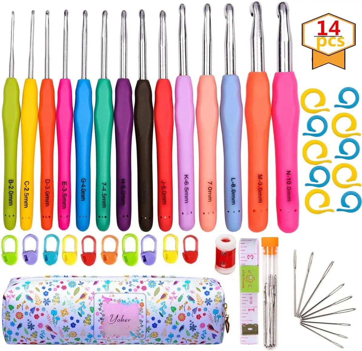 Set di uncinetti ergonomici con custodia, 14 misure da 2mm a 10mm, ferri da maglia extra lunghi per artrite