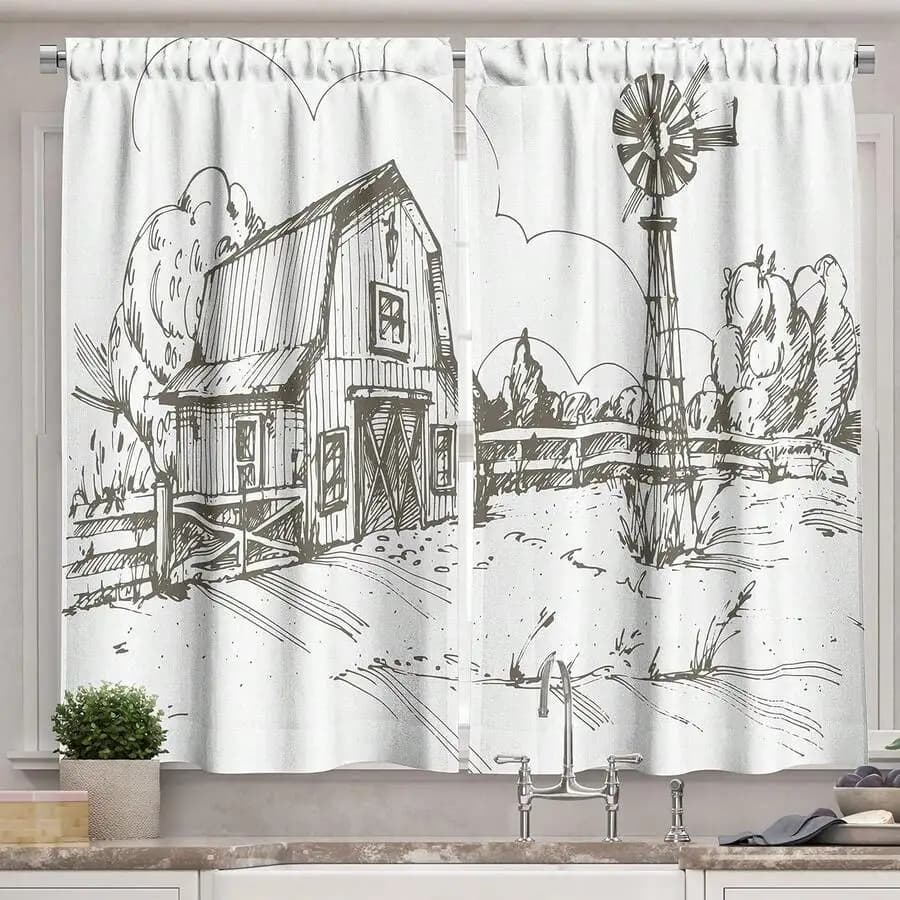 2 Panel 28x40 Inch Kitchen Curtains Rustic Farmhouse Windmill Design Window Drapes For Cafe Decor