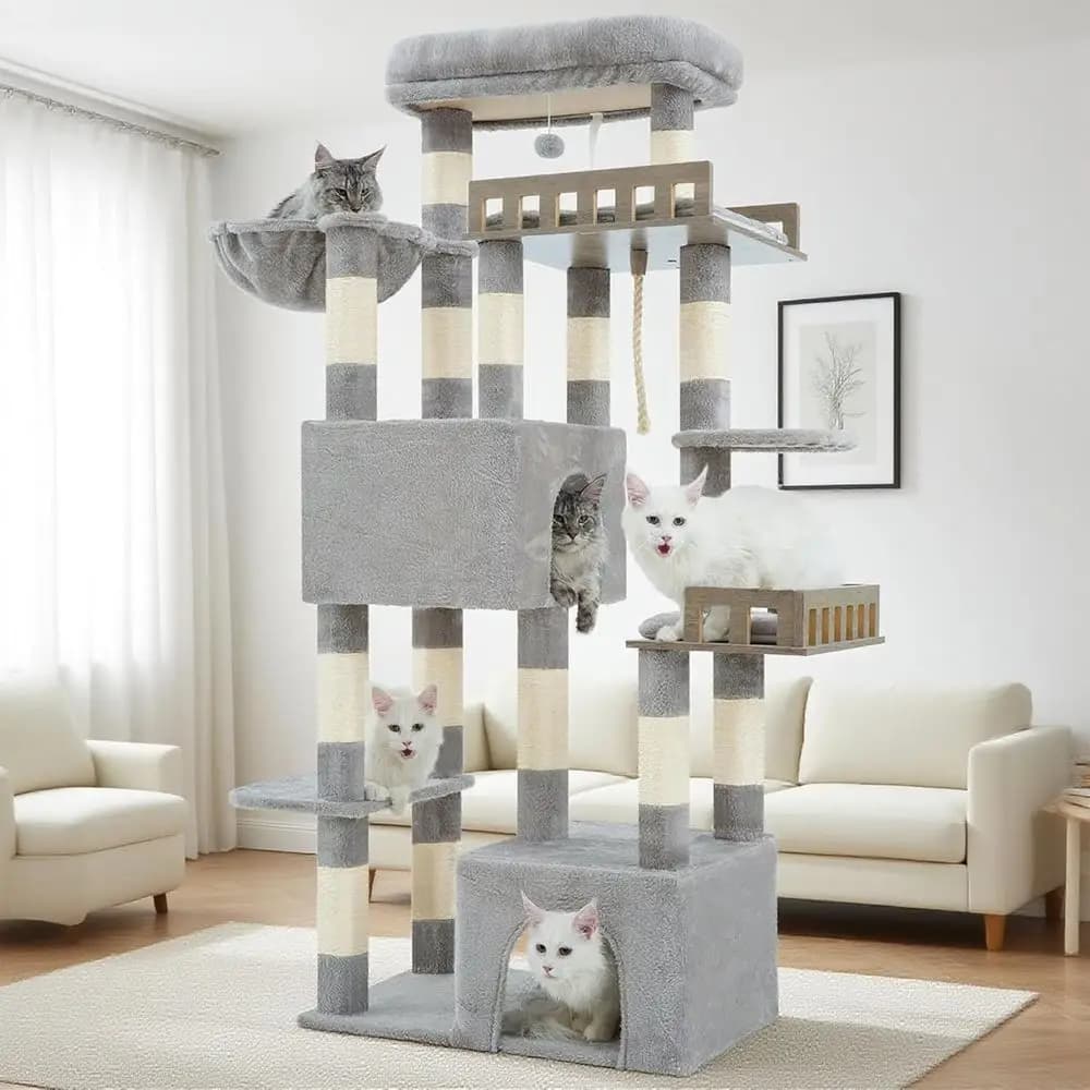Robusto Tiragraffi per Interni per Maine Coon, Gatti Adulti di Grandi Dimensioni Oltre 9 kg, con Amaca, Piattaforme, Casette e 15 Tiragraffi