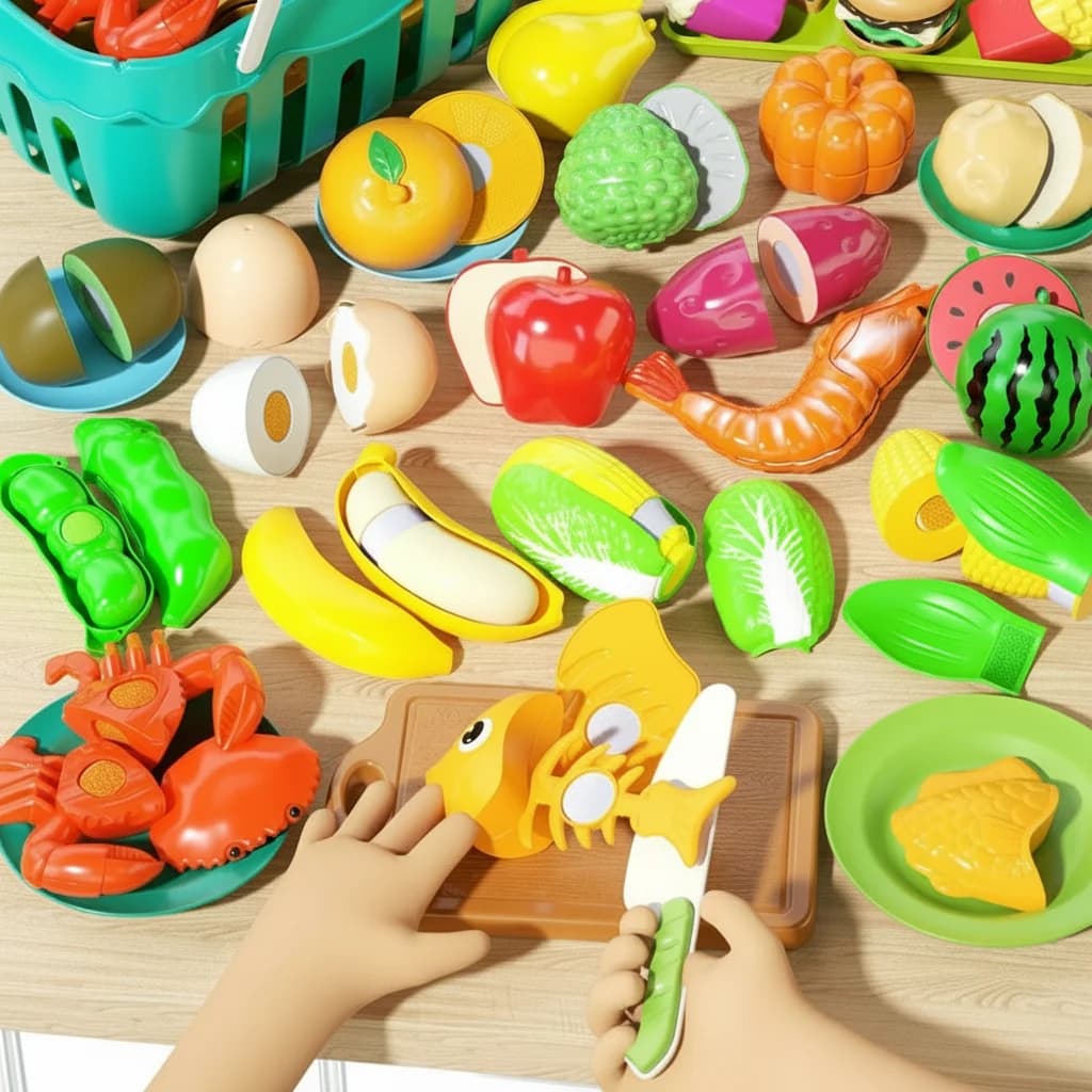 Set Giocattolo Cucina per Bambini, Gioco Educativo Montessori con Cesto, Frutta e Verdura da Tagliare, Giocattolo per Bambine