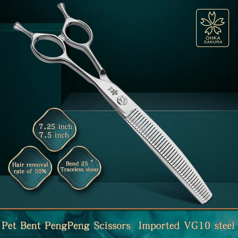 Pet bending pengpeng scissors Japanese VG10 steel 7.25 inch 7.5 inch pet groomer Ergonomic handle Hair removal rate of 50%