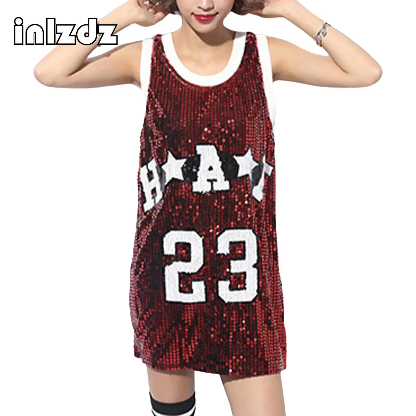 Abito da cheerleading da donna senza maniche, con paillettes all-over, vestito oversize, abbigliamento da ballo per jazz, eventi sportivi, club e feste