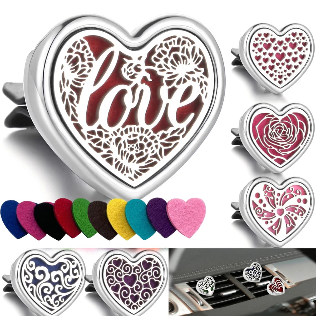 1 clip diffusore a forma di cuore per prese d'aria per condizionamento auto (non include prodotti chimici per deodoranti d'aria), viene fornito con 10 cuscinetti PCS