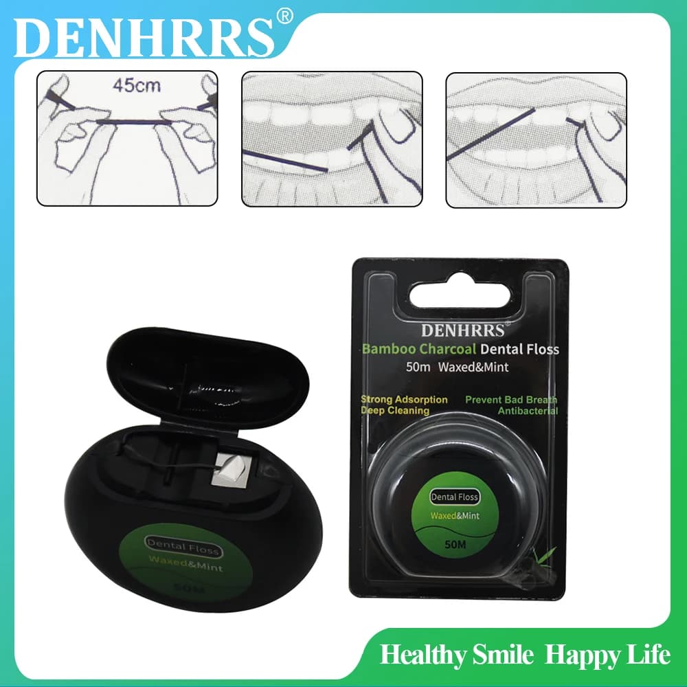 50m Bamboo Charcoal Dental Flosser Waxed&Mint Black Toothpick Mint flavor Teeth Flosser Teeth Stick Tooth Cleaner