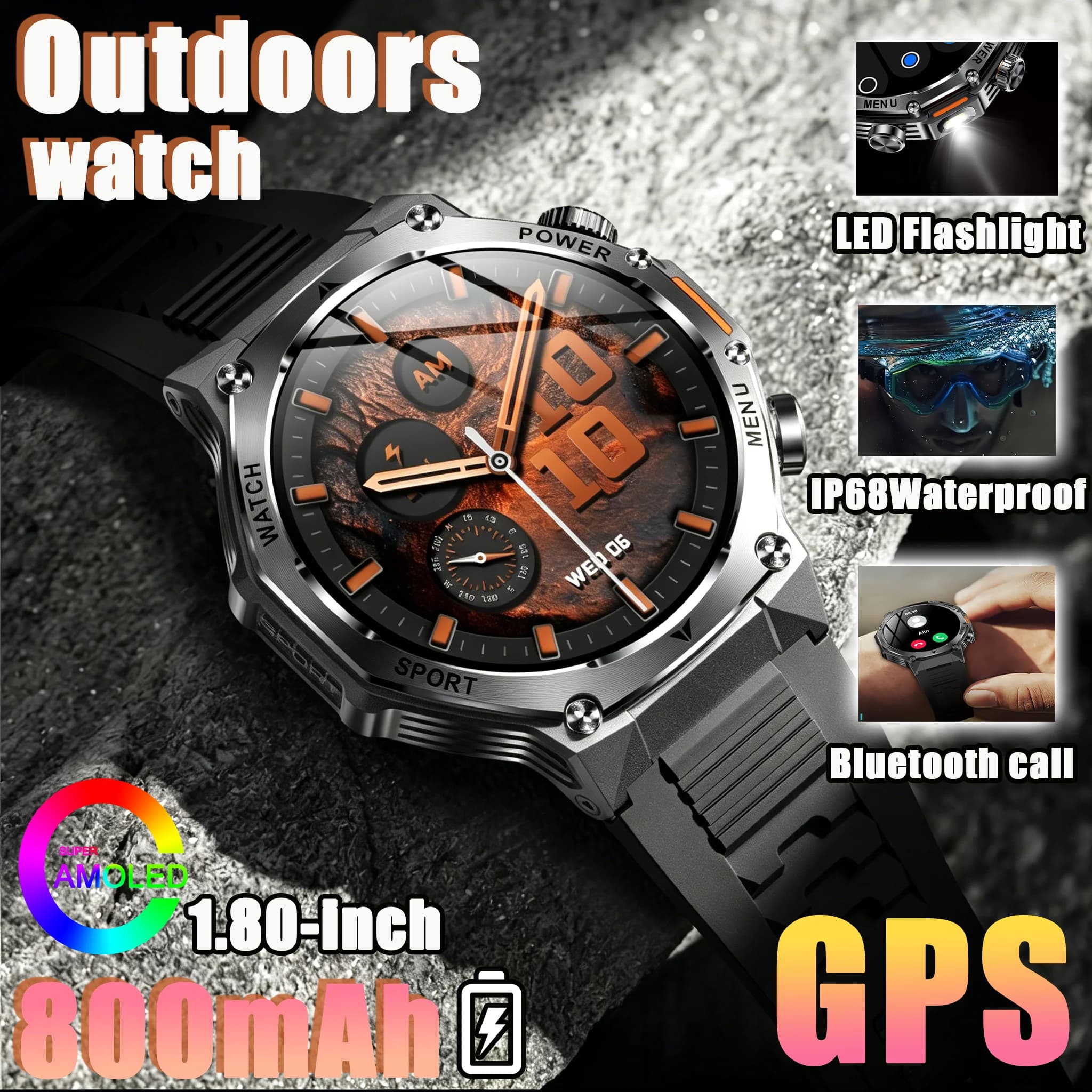 2026NUOVO Smartwatch da Esterno con Torcia LED, Chiamate Bluetooth, GPS, Monitoraggio della Salute, Schermo HD da 1.80'', Batteria Grande da 800mAh, Impermeabile