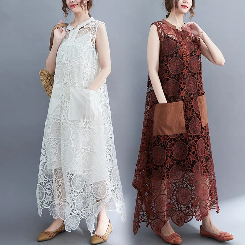 Retro Embroidered Lace Dr plus Size Summer New Loose Vest Skirt Two-Piece Set Korean Sle round Ne Hollow out Svel