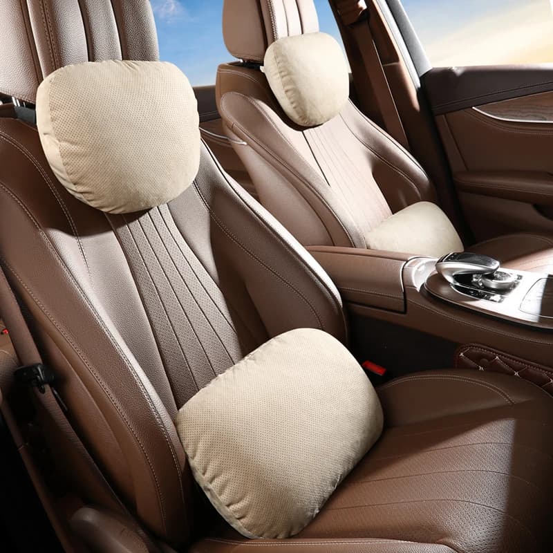 Poggiatesta per seggiolino auto in pelle scamosciata traspirante e cuscino lombare, tessuto premium ad altezza regolabile per comfort e sollievo dallo stress