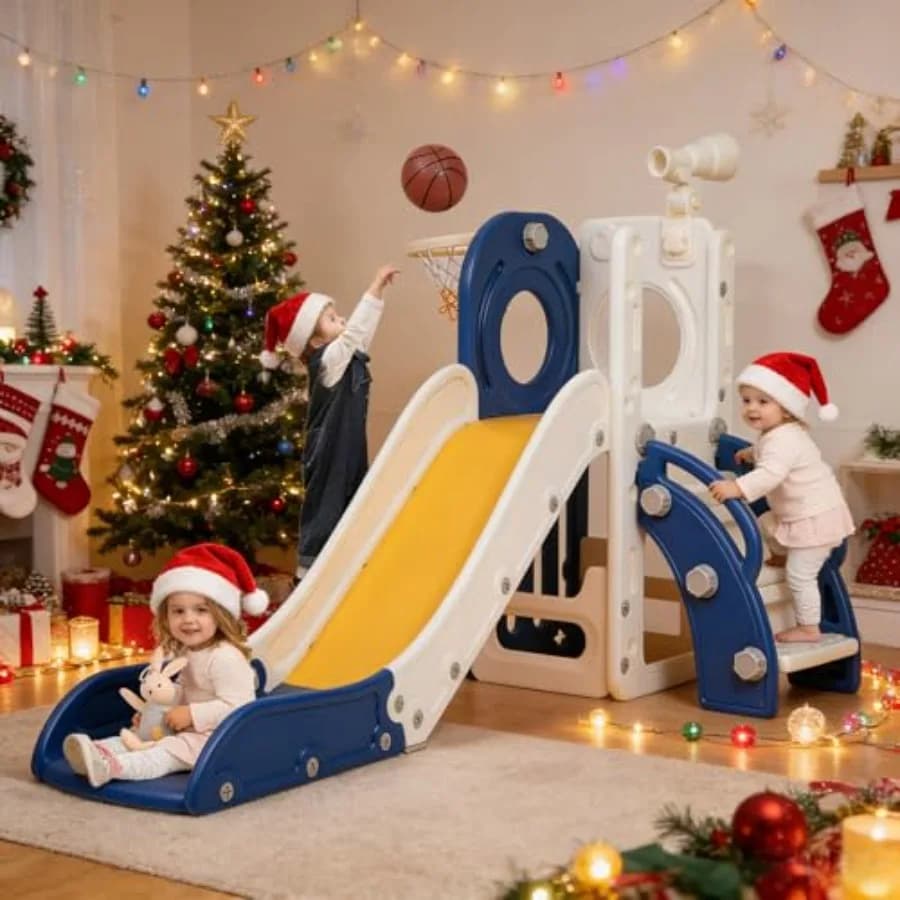 Scivolo per Bambini da Esterno e Interno per Bambini 1-3 Anni, Scivolo Autoportante con Canestro da Basket, Spazio di Stoccaggio Telescopico e Base Antiscivolo