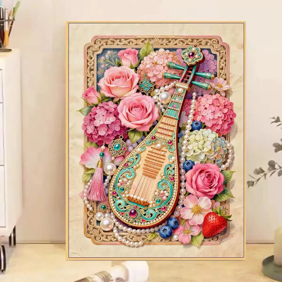 Diamond Painting Flowers Pipa - Musical Instrument Mosaic Handmade Art Diamonds Mosaic Gift Home Decor