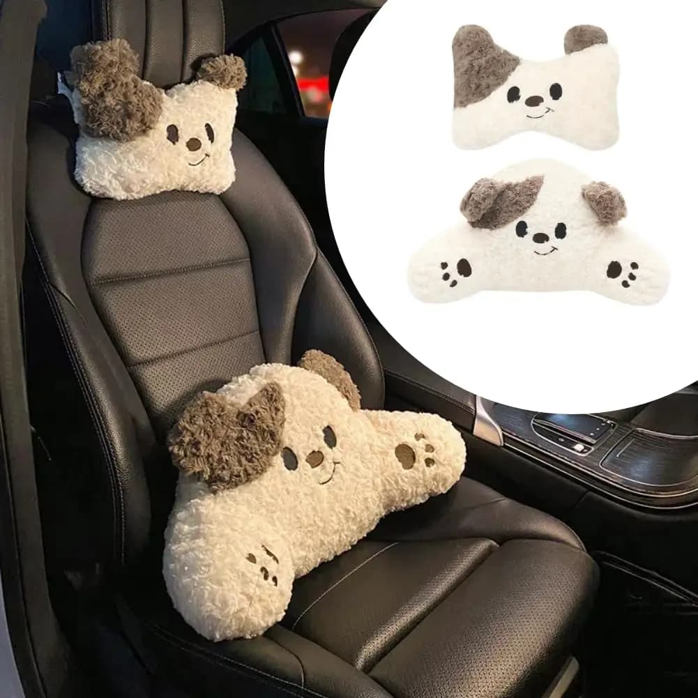 Cuscino per poggiatesta e supporto lombare a forma di cane, in peluche, per adulti.
