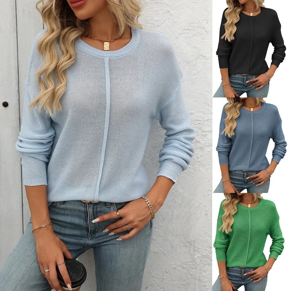 2025 Maglione casual da donna con maniche lavorate a maglia con ago grosso Primavera Autunno Top lavorato a maglia Maglieria casual femminile Top girocollo lungo