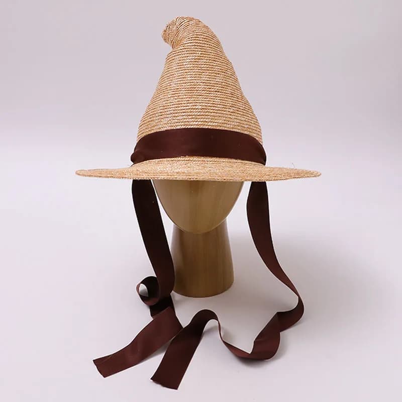 Women Pointed Witch Straw Hat Wide Brim Sun Hat Brown Ribbon Lace-up Halloween Cosplay Party Costume Beach Travel Headwear Caps