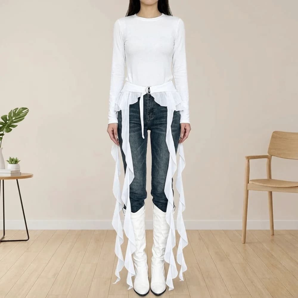Split Adjustable Buckle Butt Curtain Skirt Solid Color High Waist Ruffles Trim Butt Curtain Y2K Ruched Ruffles Belt Jazz Dance
