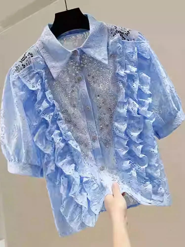 Fungus edge splicing design cavo industria pesante perline per unghie intarsiate con diamanti con paillettes risvolto camicia corta monopetto in pizzo