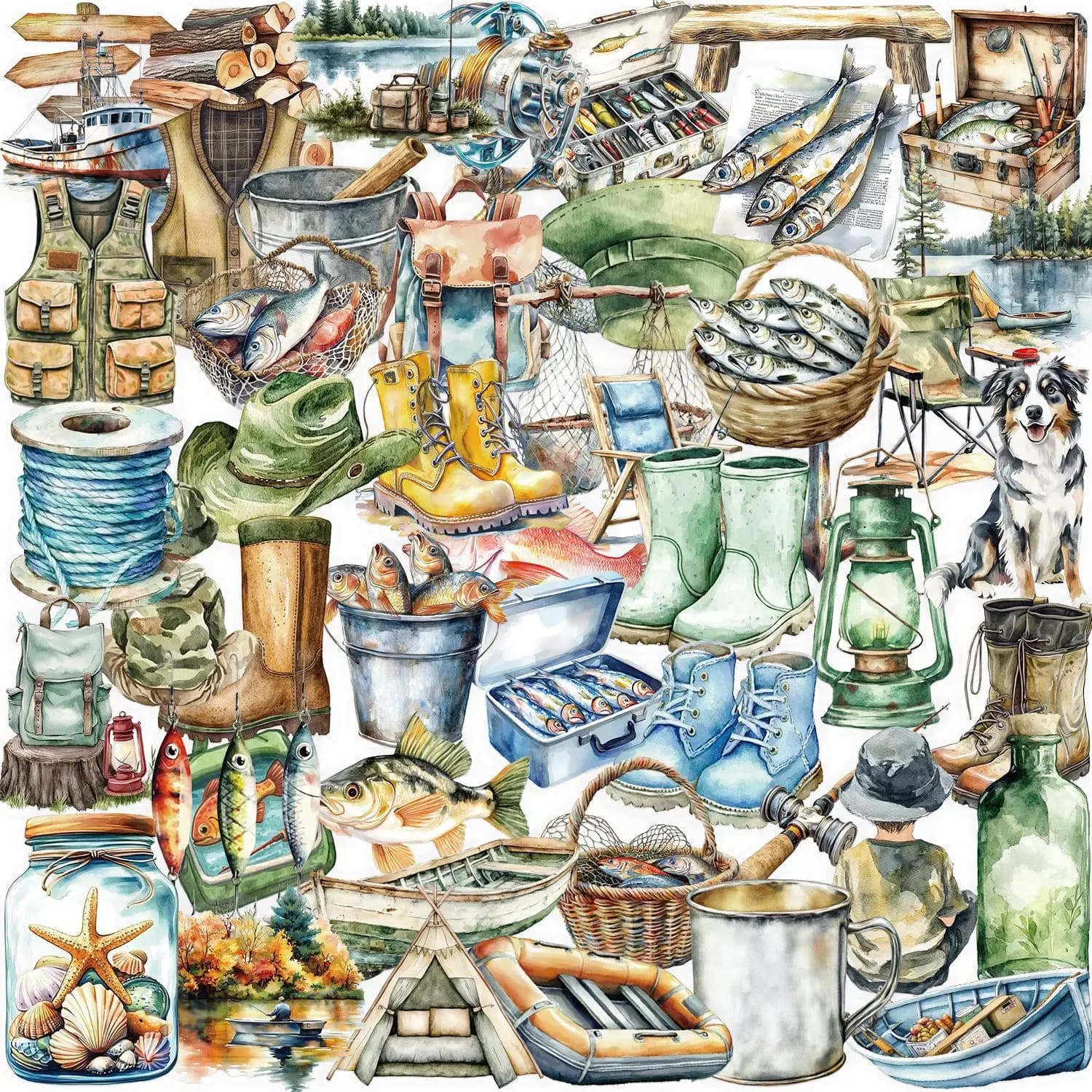 50 Pezzi Adesivi per Appassionati di Pesca all'Aperto, in PET Trasparente, per Attrezzatura da Pesca, Decorazione Creativa per Scatole, Telefoni, Laptop, Skateboard, Caschi