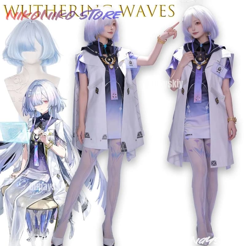 NikoNiKo Wuthering Waves Mornye Cosplay Wig Long Blue Smoked Medusa Bob Hair Synthetic Wigs For Women Girls WUWA Lahai-Roi
