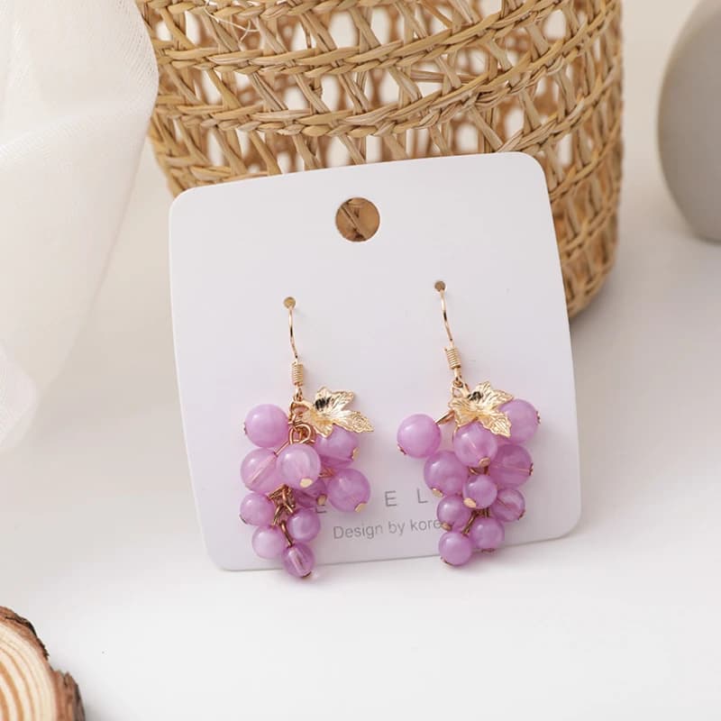 Sweet Summer Little Fresh Sweet Beaded Ear Hook Temperament Purple Grape Fruit Earrings Versatile Personality Ear Rings Women