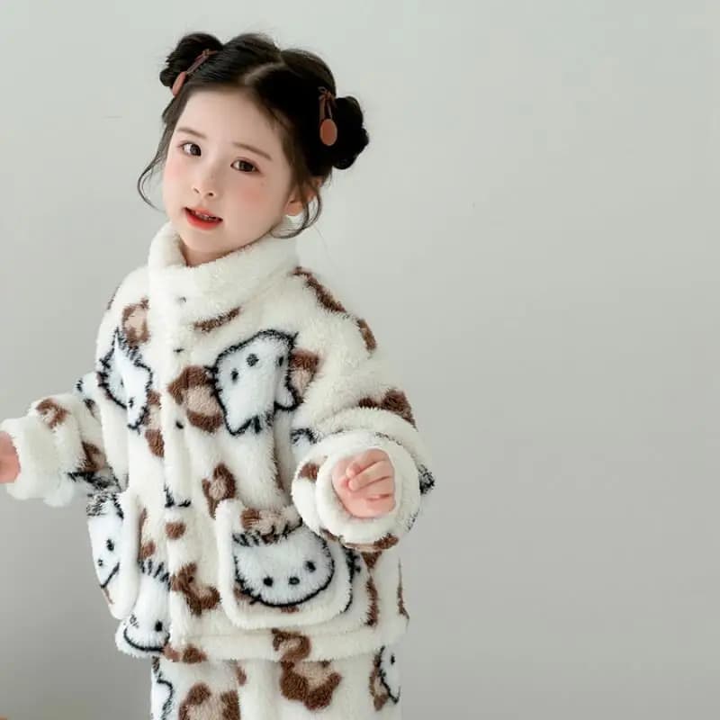 Sanrio Hello Kitty Pigiama Set Bambini Cardigan con stampa leopardata Kawaii Y2K Anime Abbigliamento per bambini Autunno Inverno Vestiti caldi per ragazze
