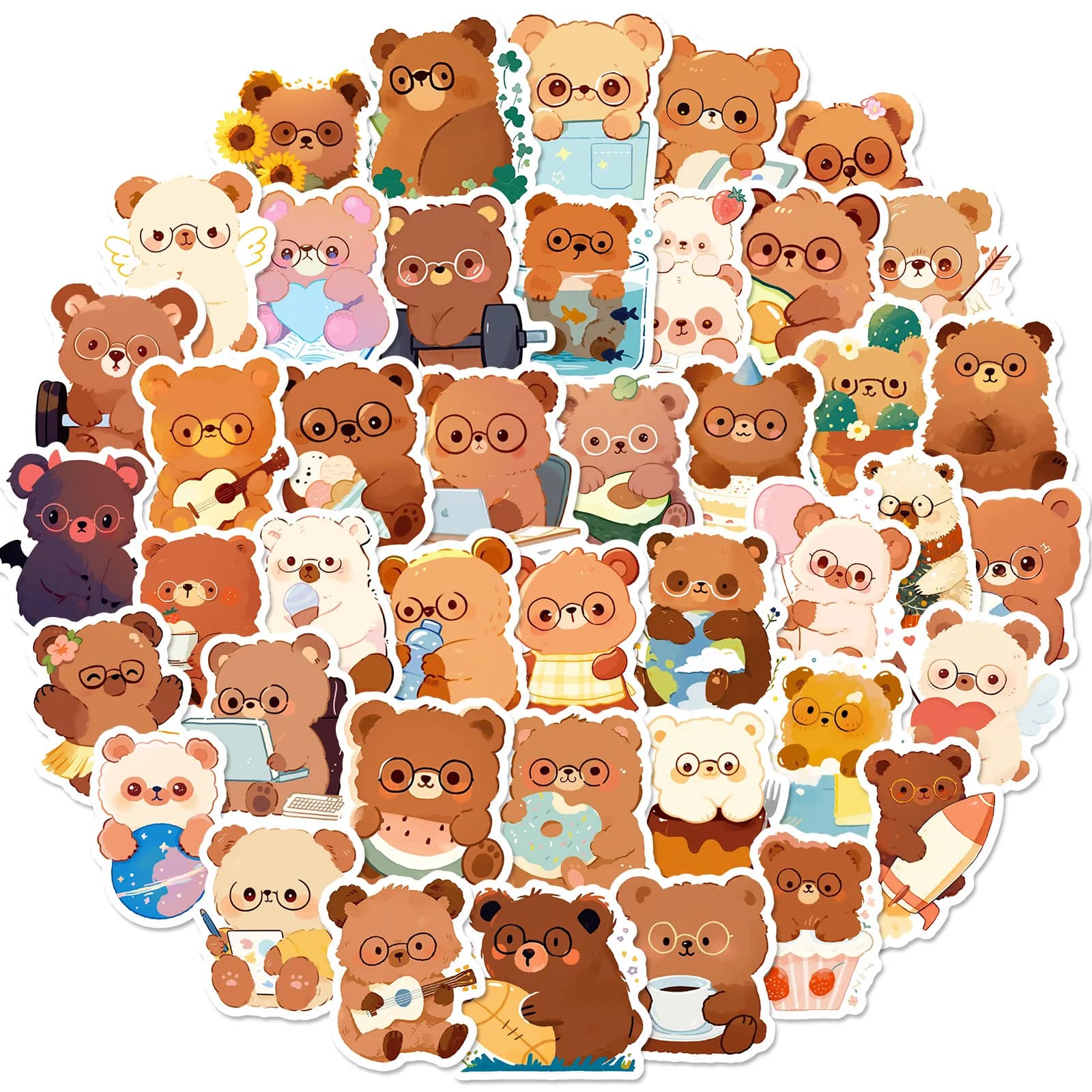 50Pcs Cute Bear Stickers with Glasses Adorable Plush Bear Style Wall Stickers Fridge Magnets Stickers DIY for Luggage