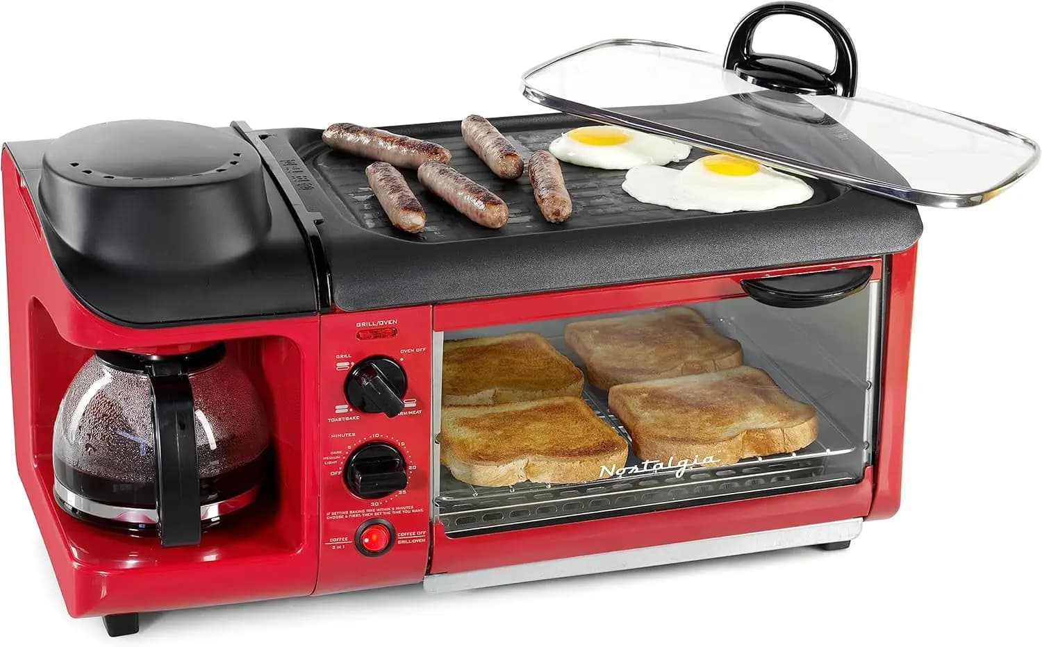 Breakfast station 3 in 1: coffee maker, plate and toaster with timer - Red